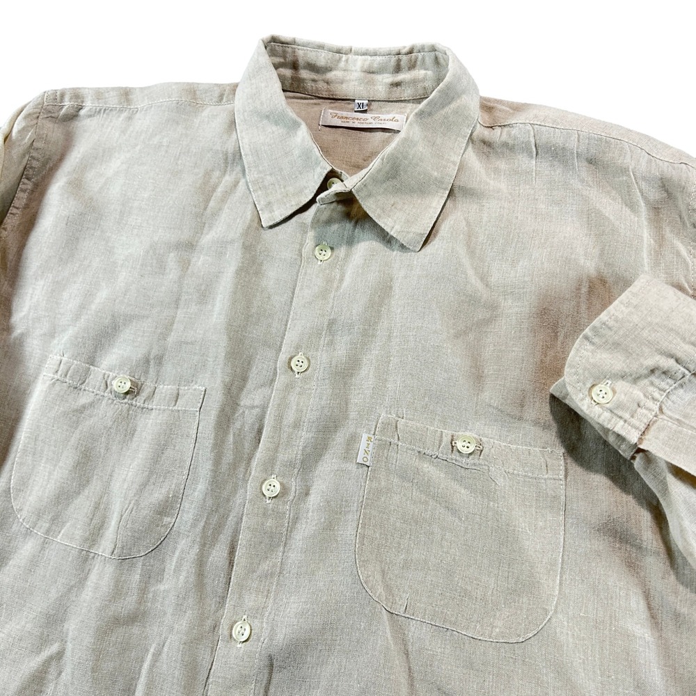 Francesco Casola Button Down Shirt Mens XL Tan Linen Made in Italy Long Sleeve